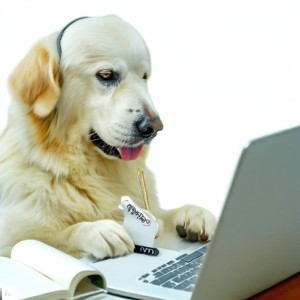 Koira kirjoittaa salasanoja ylös paperille ja tietokoneelle
