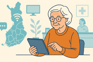 Tekoälyllä luodussa piirroskuvassa ikääntynyt henkilö selailee tablettia