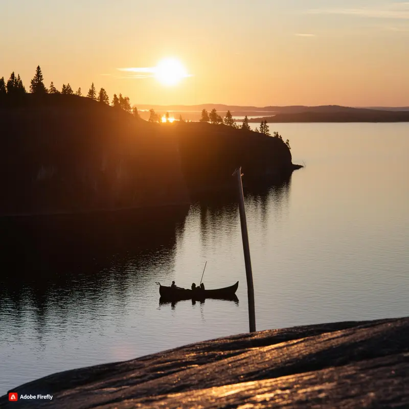 Järvimaisema, missä soutuvene lipuu pitkin järveä ja aurinko paitaa taivaalla. Tekoälyllä luotu kuva