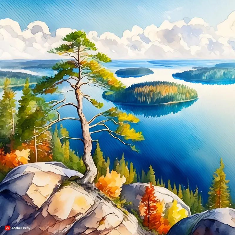 Akvarelli maalaus kallion päältä, etualalla iso mänty ja taustalla näkyy järvi ja saaria.Tekoälyllä luotu kuva