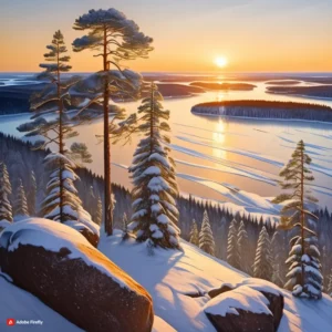 Talvinen kuva kalliolta kohden järvimaisemaa, missä järvi on jäässä ja sen pinnalla ohuesti lunta. Aurinko paistaa kirkkaasti horisontissa