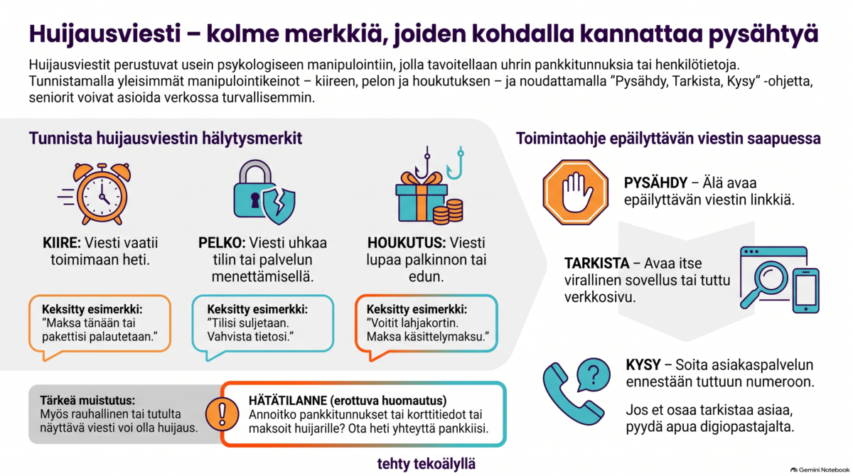 Informaatiograafi otsikolla ”Huijausviesti – kolme merkkiä, joiden kohdalla kannattaa pysähtyä”. Kuva esittelee huijausviestien tunnistamisen ja toimintaohjeet: Tunnista huijausviestin hälytysmerkit: Kiire: Viesti vaatii toimimaan heti (esim. ”Maksa tänään tai pakettisi palautetaan”). Pelko: Viesti uhkaa tilin tai palvelun menettämisellä (esim. ”Tilisi suljetaan. Vahvista tietosi”). Houkutus: Viesti lupaa palkinnon tai edun (esim. ”Voitit lahjakortin. Maksa käsittelymaksu”). Toimintaohje epäilyttävän viestin saapuessa: Pysähdy: Älä avaa epäilyttävän viestin linkkiä. Tarkista: Avaa itse virallinen sovellus tai tuttu verkkosivu. Kysy: Soita asiakaspalvelun ennestään tuttuun numeroon tai pyydä apua digiopastajalta. Alalaidassa muistutetaan ottamaan hätätilanteessa välittömästi yhteyttä pankkiin, jos pankkitunnukset tai korttitiedot on annettu huijarille. Kuvan oikeassa alakulmassa on teksti ”tehty tekoälyllä”.