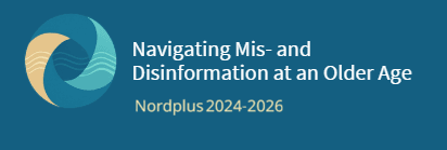 Vihreäsävyinen pyöreä logo, teksti Navigating Mis- and Disinformation at an Older Age