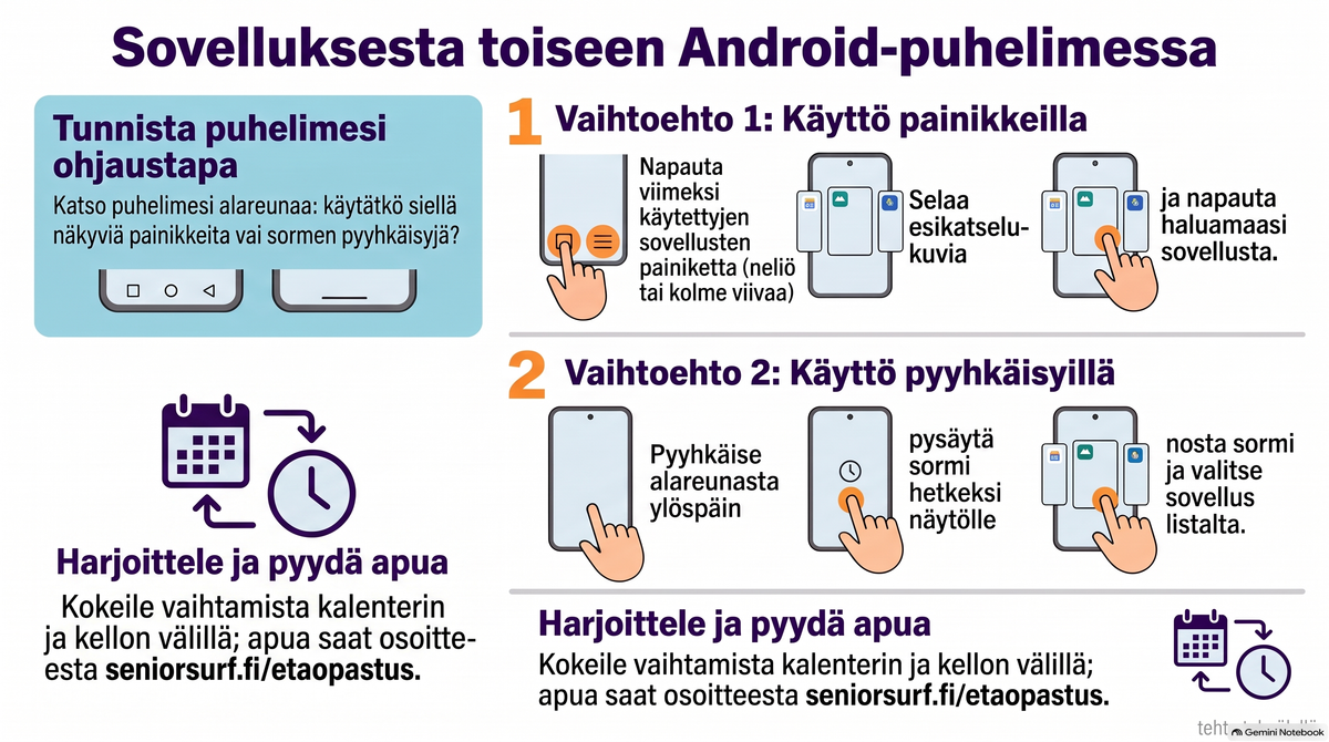 Katso puhelimesi alareunaa. Käytätkö painikkeita vai pyyhkäisyjä?VAIHTOEHTO 1: PAINIKKEILLA
1. Napauta viimeksi käytettyjen sovellusten painiketta.
2. Selaa sovellusten esikatselukuvia.
3. Napauta haluamaasi sovellusta.
Kuvake voi olla esimerkiksi neliö tai kolme viivaa.VAIHTOEHTO 2: PYYHKÄISYILLÄ
1. Pyyhkäise näytön alareunasta ylöspäin.
2. Pysähdy hetkeksi pitäen sormi näytöllä. Nosta sitten sormi.
3. Selaa esikatselukuvia ja napauta haluamaasi sovellusta.Loppuun:
Harjoittele kalenterilla ja kellolla.
Puhelimien painikkeet ja näkymät voivat vaihdella.
Apua: seniorsurf.fi/etaopastus