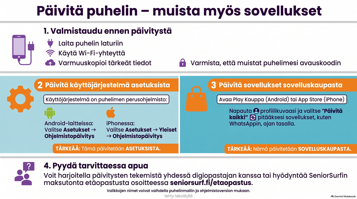 Puhelimen päivitysten muistilista: valmistele puhelin, päivitä käyttöjärjestelmä ja päivitä sovellukset.