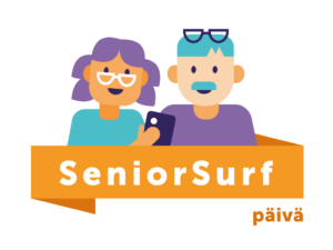 SeniorSurf-päivän logo oranssissa viirissä, yläpuolella kaksi seniori-ikäistä piirroshahmoa