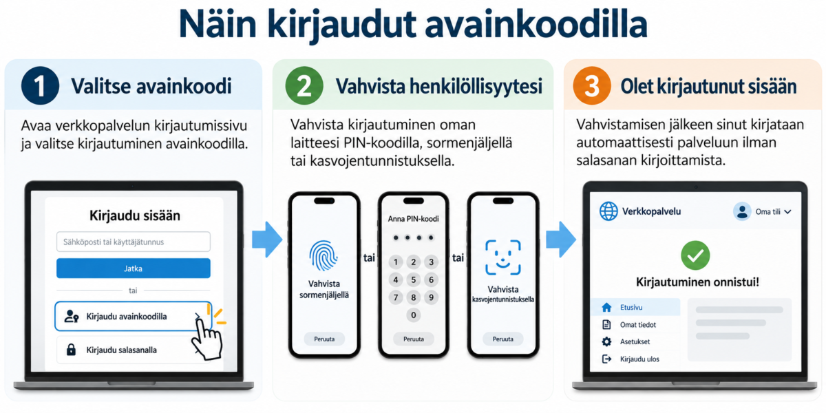 Infograafi avainkoodilla kirjautumisen kolmesta vaiheesta: valitse kirjautuminen avainkoodilla, vahvista henkilöllisyytesi PIN-koodilla, sormenjäljellä tai kasvojentunnistuksella ja kirjaudu palveluun ilman salasanaa.