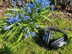 Kesäisiä kukkia ja kuulokkeet nurmella